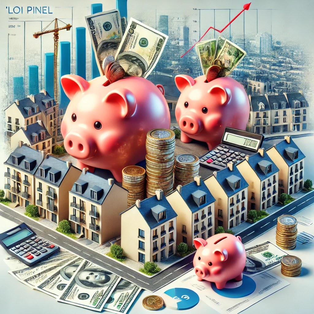 Illustration représentant le concept financier de la "Loi Pinel" en zone B2 en France. L’image met en scène plusieurs tirelires de différentes tailles remplies de pièces et de billets, symbolisant l’investissement immobilier. En arrière-plan, un paysage urbain avec des habitations modernes et suburbaines évoque le secteur de l’immobilier. Un calculateur, des documents fiscaux et un graphique de croissance complètent la scène, soulignant la planification financière et les avantages fiscaux liés à cet investissement.