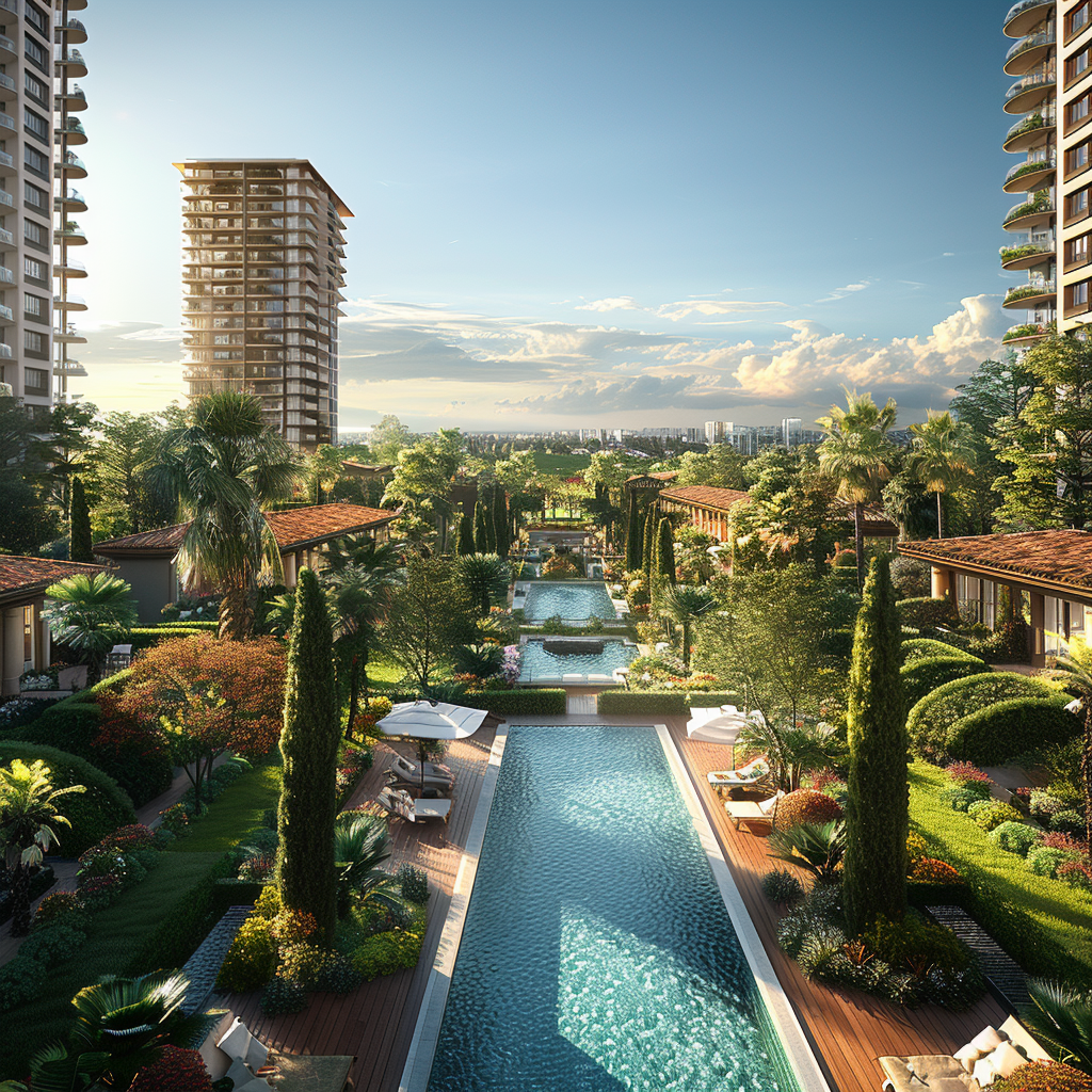 Un complexe résidentiel luxueux avec des immeubles de grande hauteur, des jardins paysagers et une piscine centrale sous un ciel dégagé.