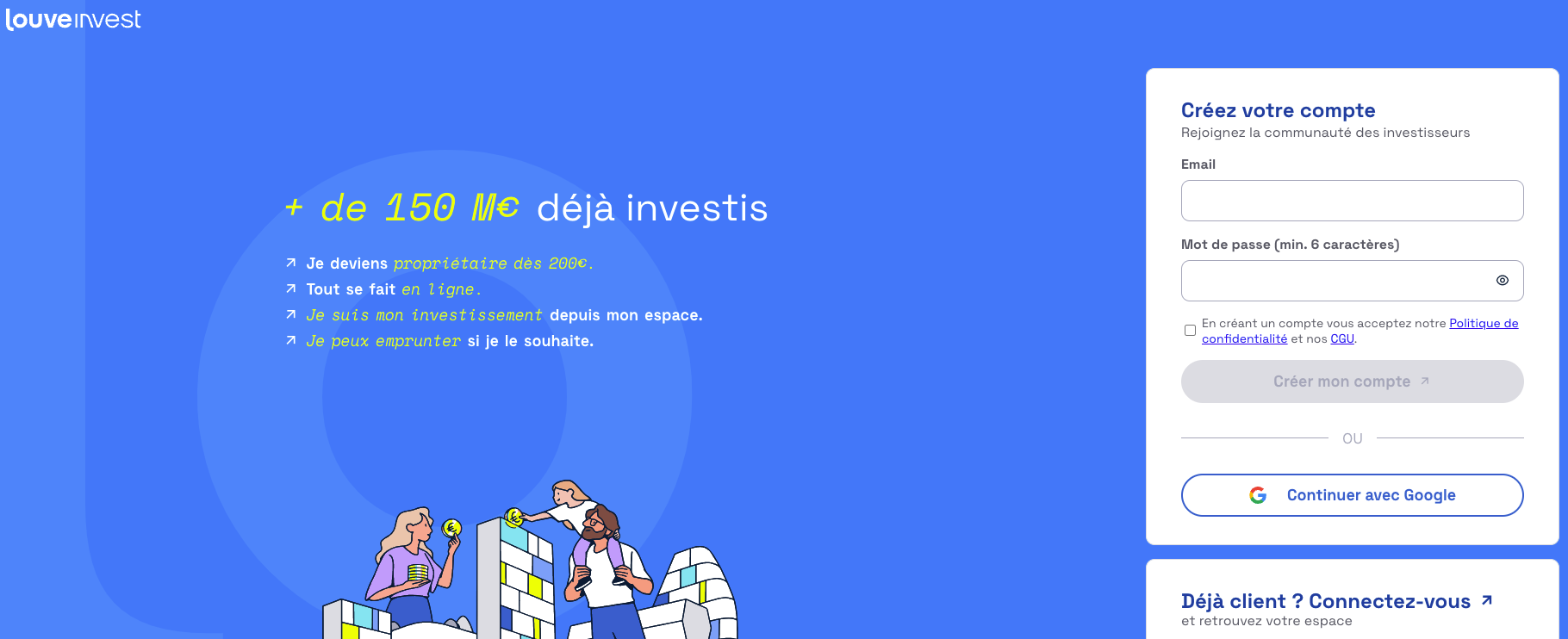 Une page Web de services financiers sur le thème bleu avec des sections d'inscription et de connexion sur la droite. Le côté gauche affiche les statistiques d'investissement et les avantages pour les utilisateurs.