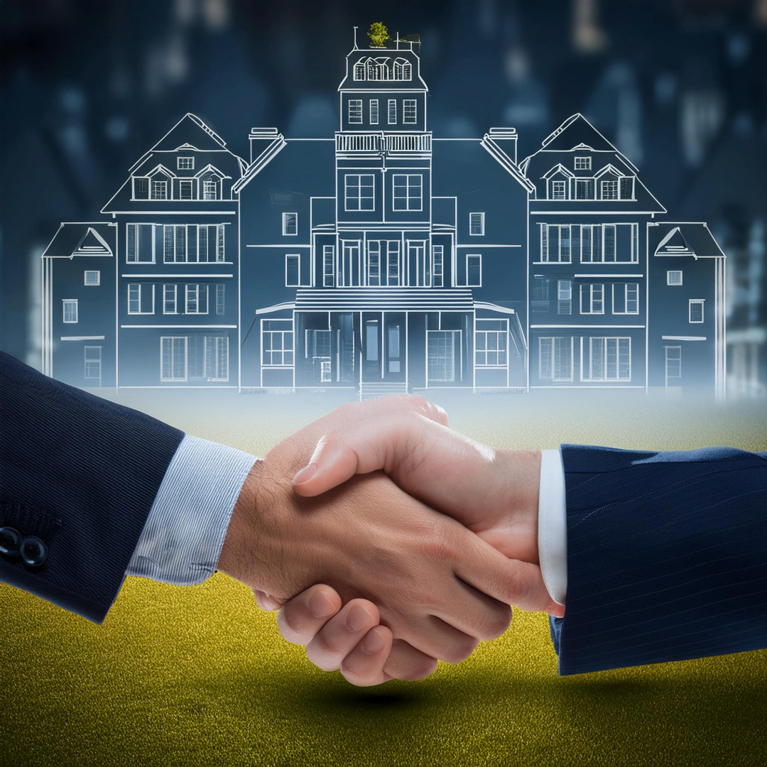 Deux personnes se serrant la main devant une illustration numérique d'une grande maison ou d'un immeuble, symbolisant un accord ou une transaction immobilière.
